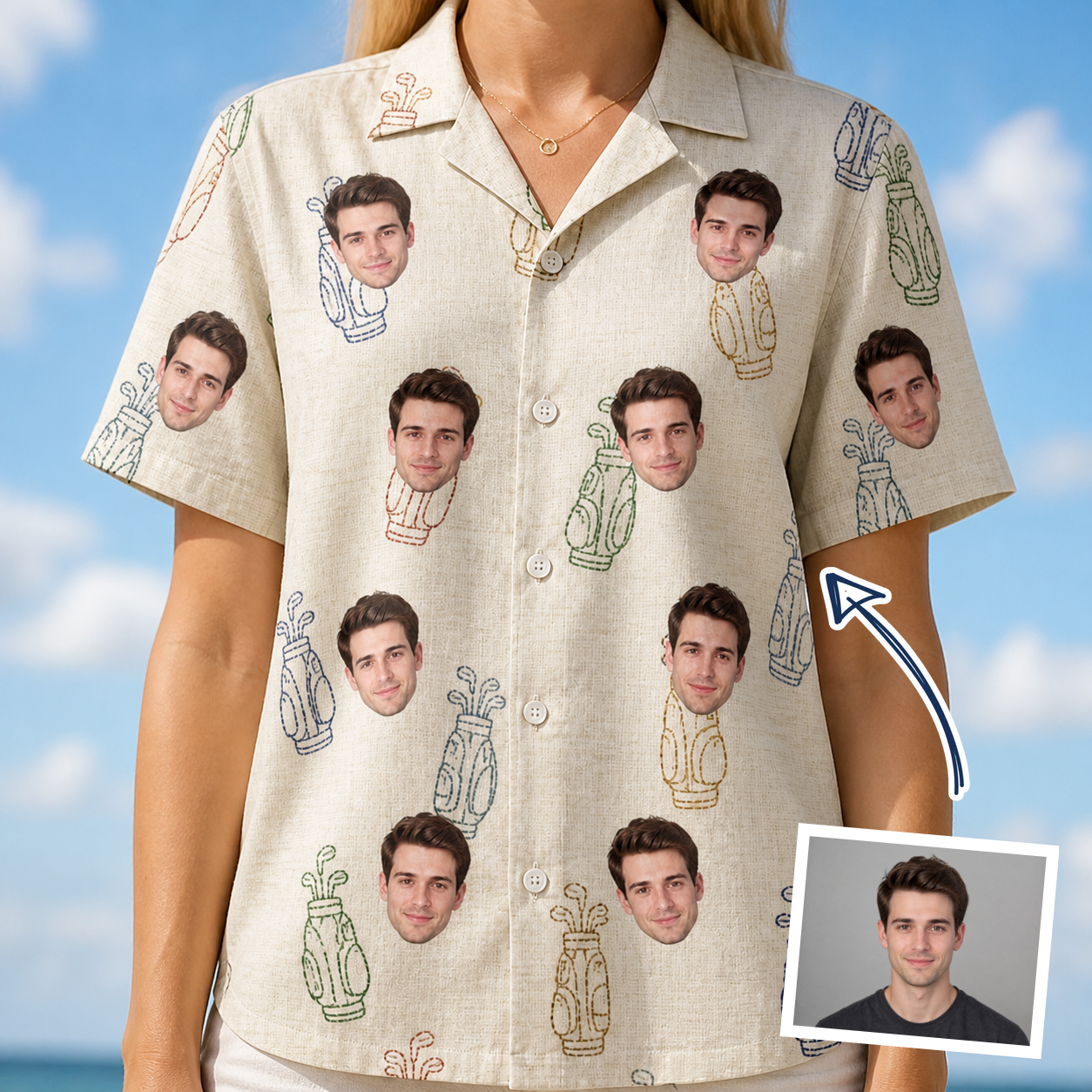 Woman wearing Women's Links Luggage Custom Face Hawaiian Shirt — custom faces printed all-over