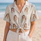 Woman wearing Women's Links Luggage Custom Face Hawaiian Shirt tied at the waist