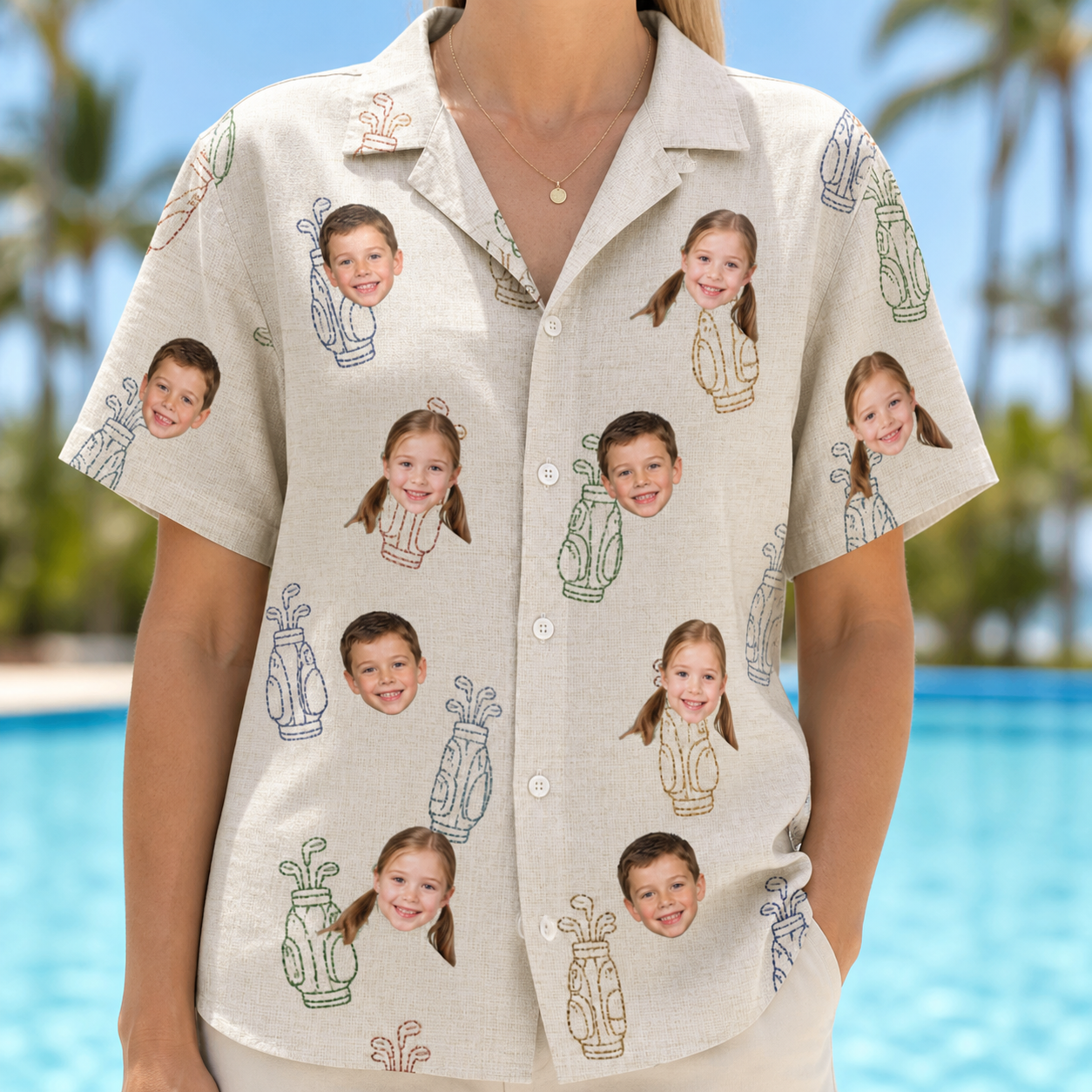 Model wearing Women's Links Luggage Custom Face Hawaiian Shirt printed with kids' faces