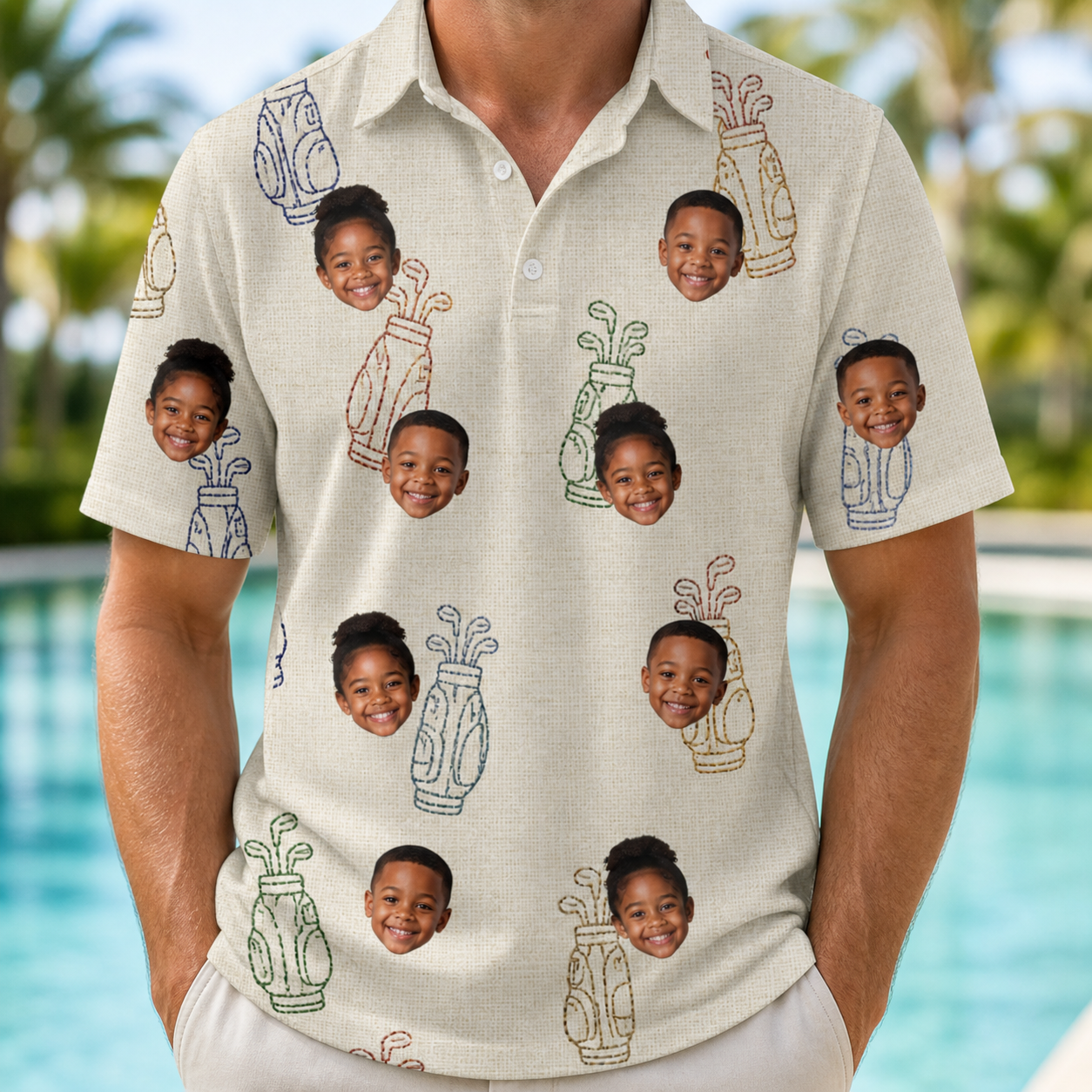 Model wearing Men's Links Luggage Custom Face Polo Shirt printed with kids' faces