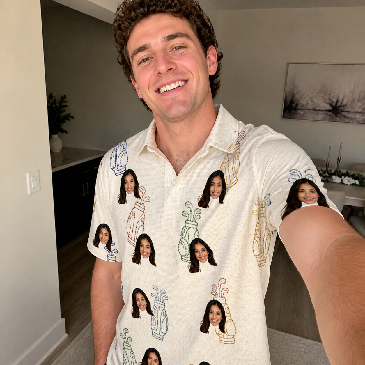 Real-life photo of someone wearing Men's Links Luggage Custom Face Polo Shirt — custom faces printed all-over