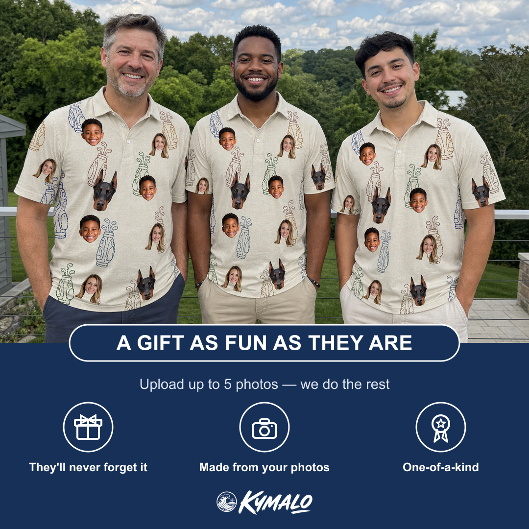 Friends in matching Men's Links Luggage Custom Face Polo Shirt — a group gift photo