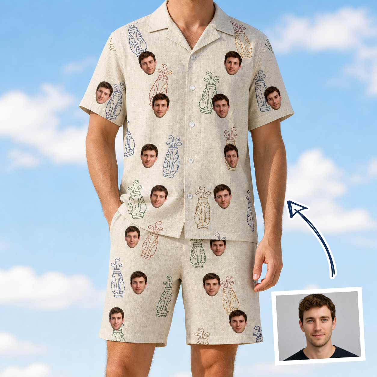 Man wearing Men's Links Luggage Custom Face Shirt & Shorts Set — custom faces printed all-over