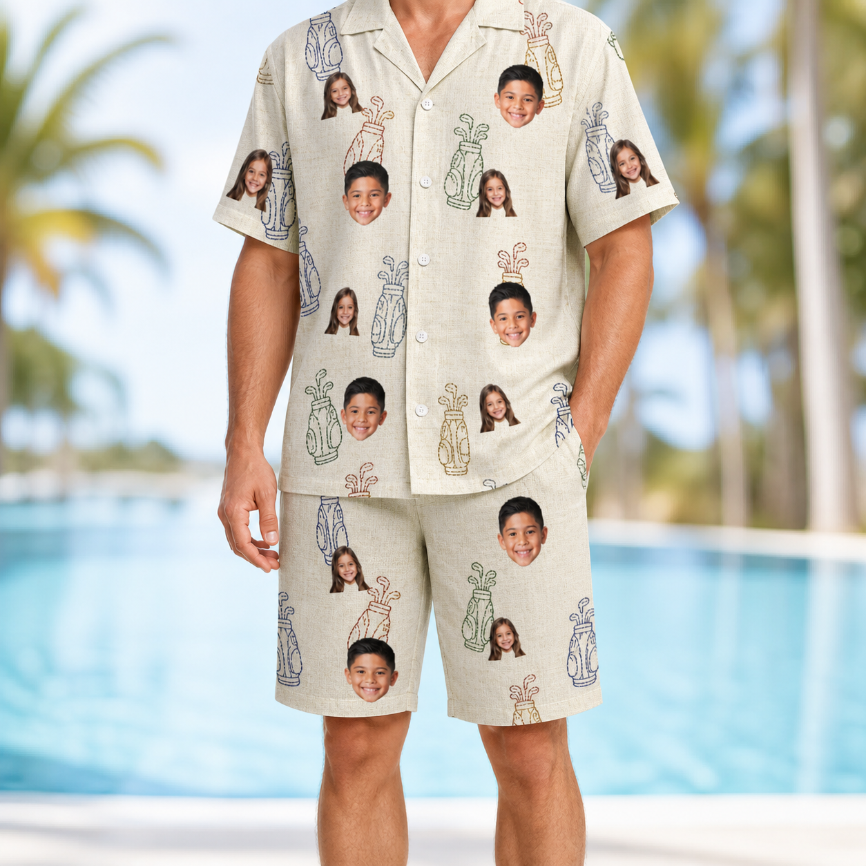 Model wearing Men's Links Luggage Custom Face Shirt & Shorts Set printed with kids' faces