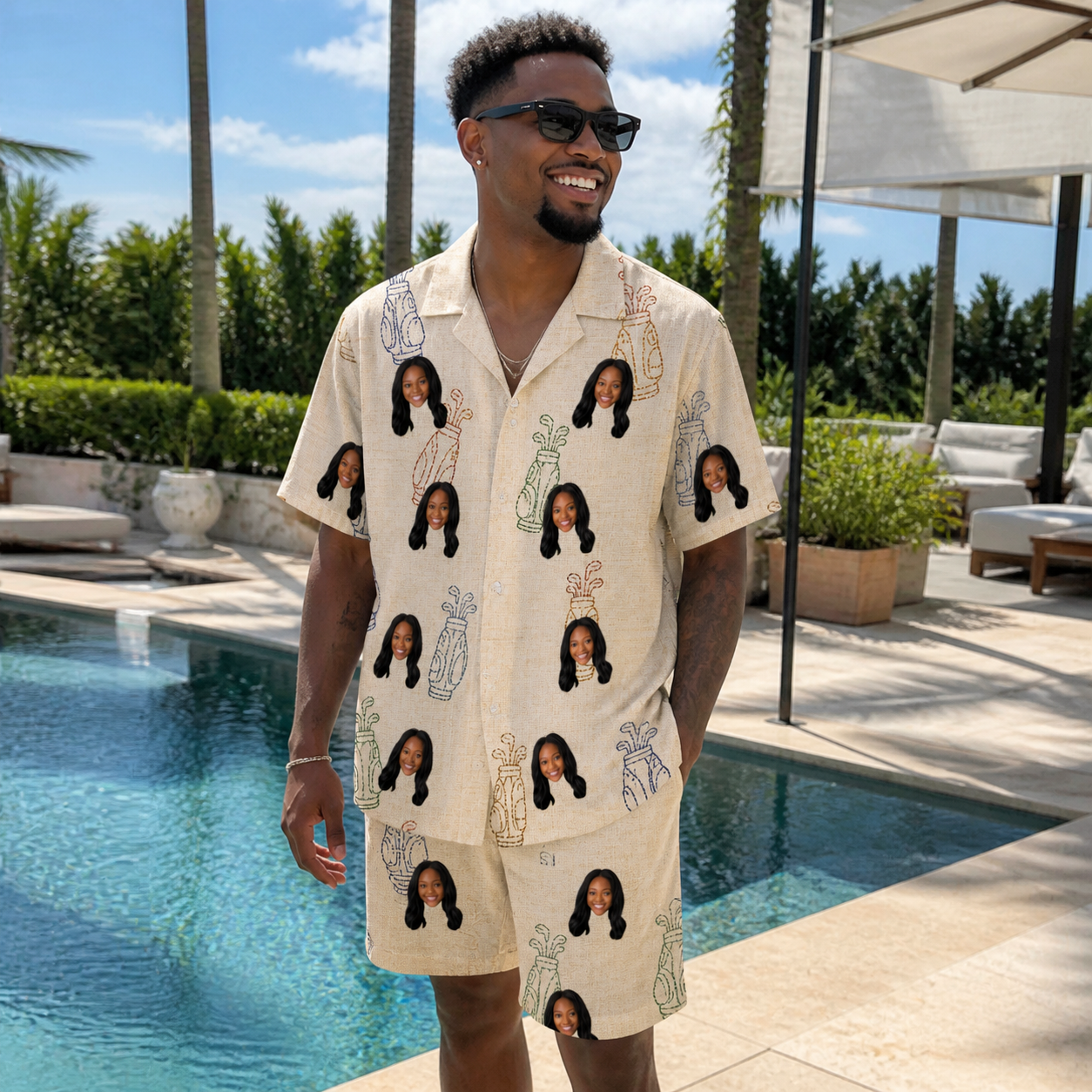 Real-life photo of someone wearing Men's Links Luggage Custom Face Shirt & Shorts Set — custom faces printed all-over