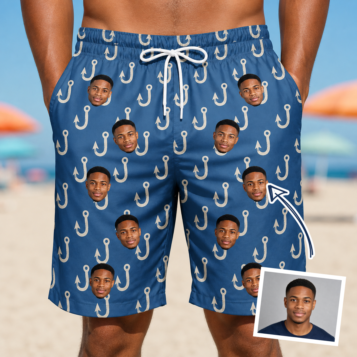 Man wearing Men's Treble Trouble Custom Face Beach Shorts — custom faces printed all-over