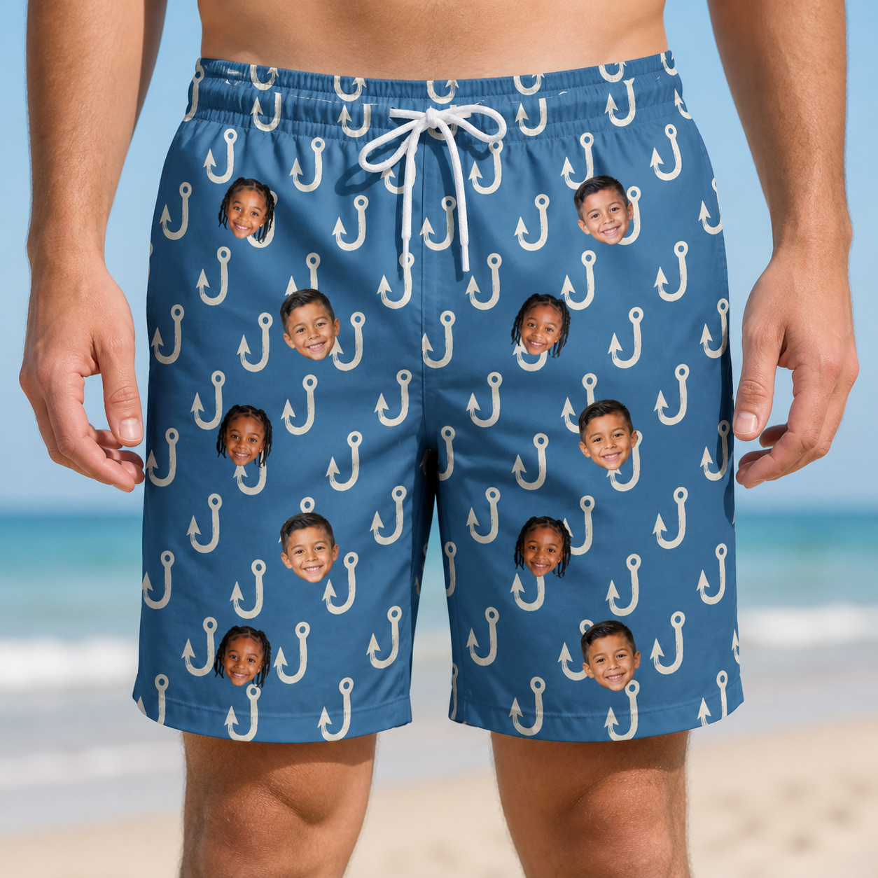 Model wearing Men's Treble Trouble Custom Face Beach Shorts printed with kids' faces