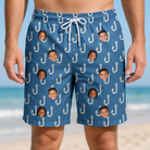 Model wearing Men's Treble Trouble Custom Face Beach Shorts printed with kids' faces