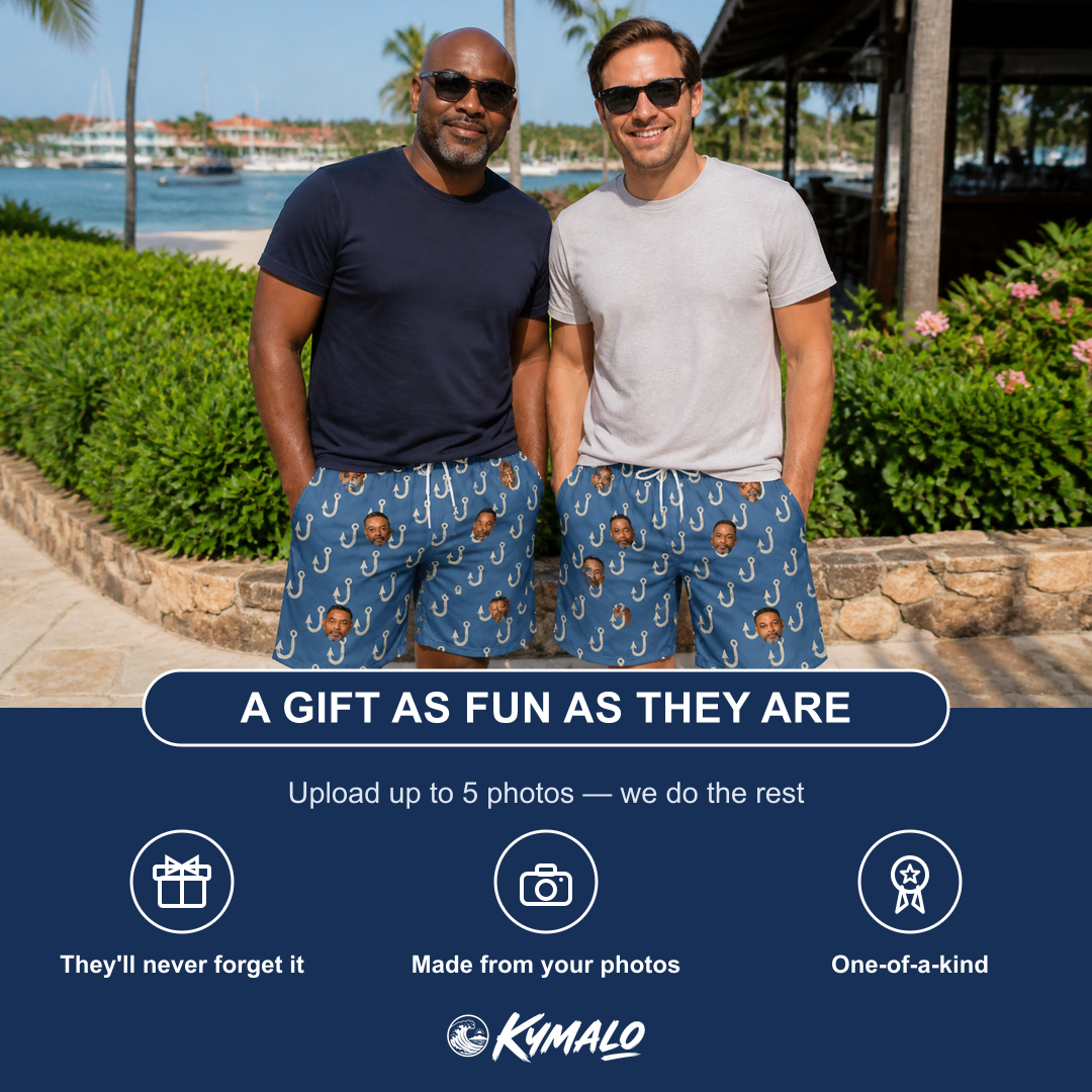 Friends in matching Men's Treble Trouble Custom Face Beach Shorts — a group gift photo