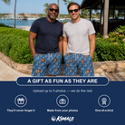 Friends in matching Men's Treble Trouble Custom Face Beach Shorts — a group gift photo