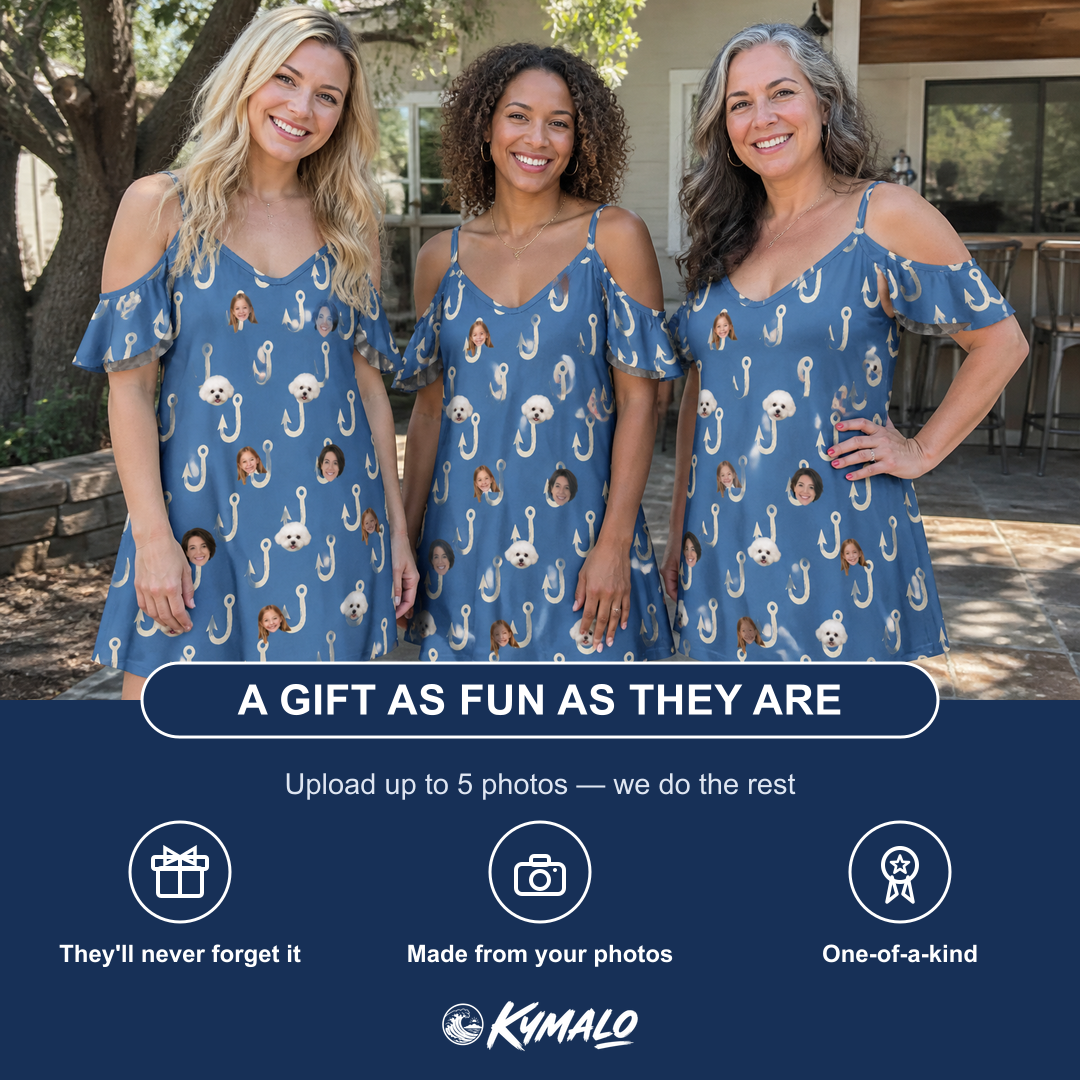Friends in matching Women's Treble Trouble Custom Face Off-Shoulder Dress — a group gift photo