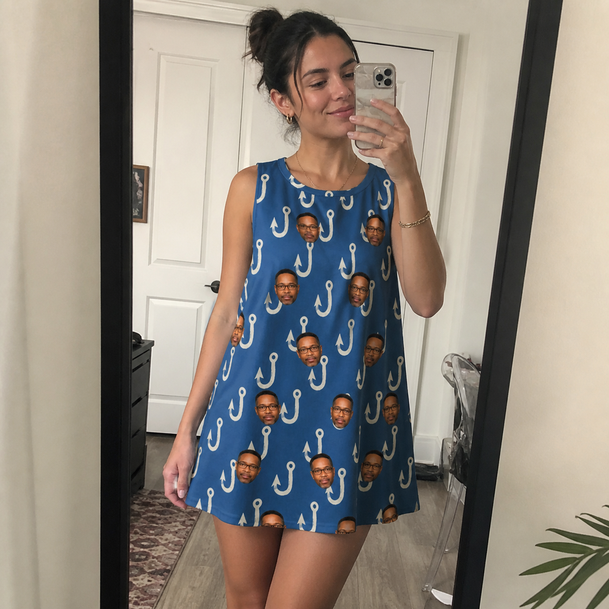 Real-life photo of someone wearing Women's Treble Trouble Custom Face Tank Dress — custom faces printed all-over