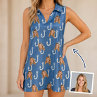 Woman wearing Women's Treble Trouble Custom Face V-Neck Dress — custom faces printed all-over