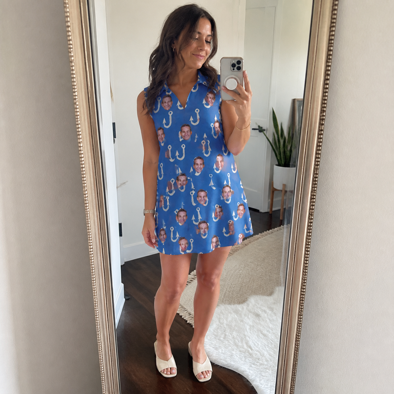 Real-life photo of someone wearing Women's Treble Trouble Custom Face V-Neck Dress — custom faces printed all-over