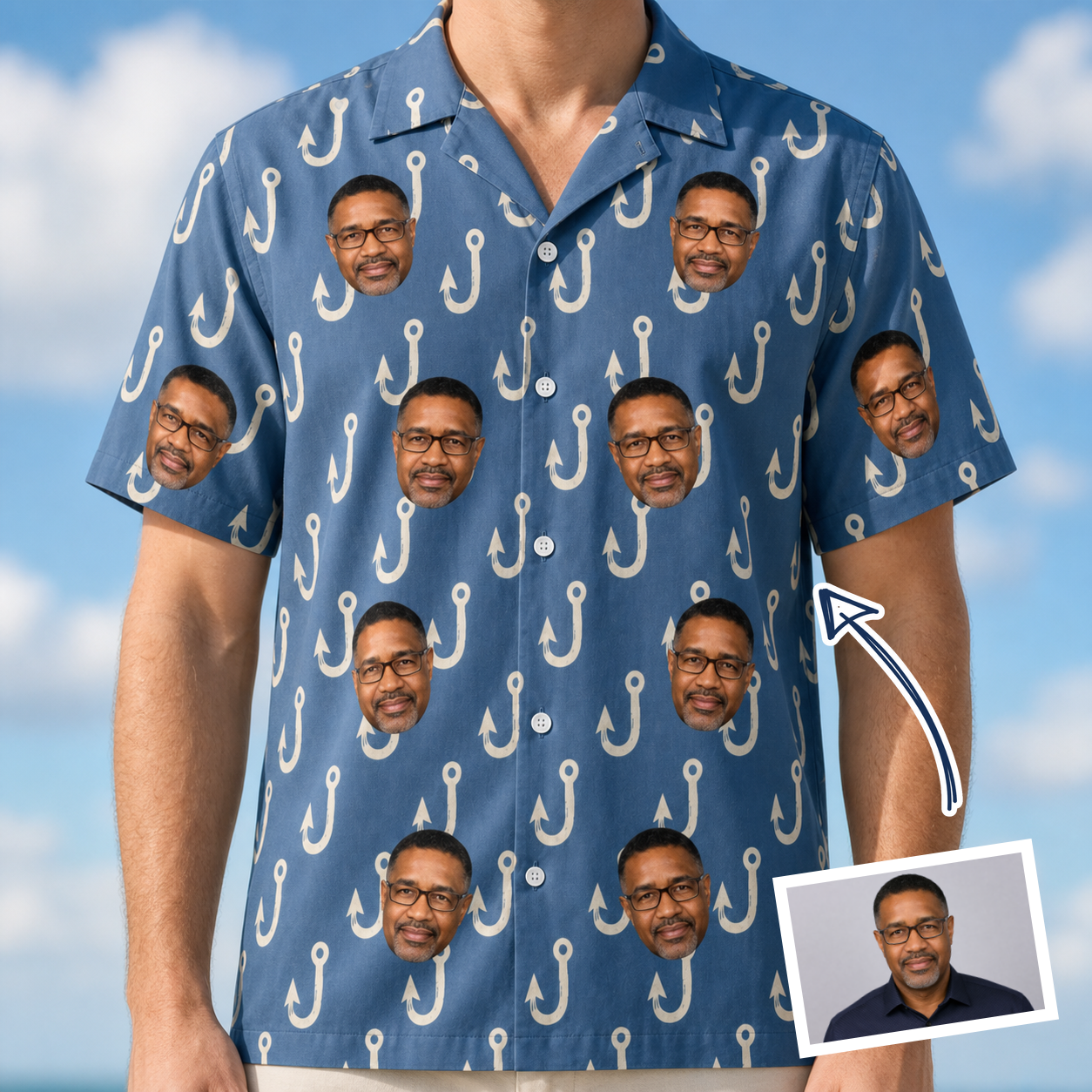 Man wearing Men's Treble Trouble Custom Face Hawaiian Shirt — custom faces printed all-over