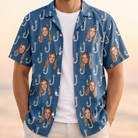 Man wearing Men's Treble Trouble Custom Face Hawaiian Shirt open over a white tee