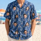 Model wearing Men's Treble Trouble Custom Face Hawaiian Shirt printed with kids' faces