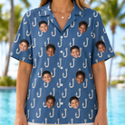 Model wearing Women's Treble Trouble Custom Face Hawaiian Shirt printed with kids' faces