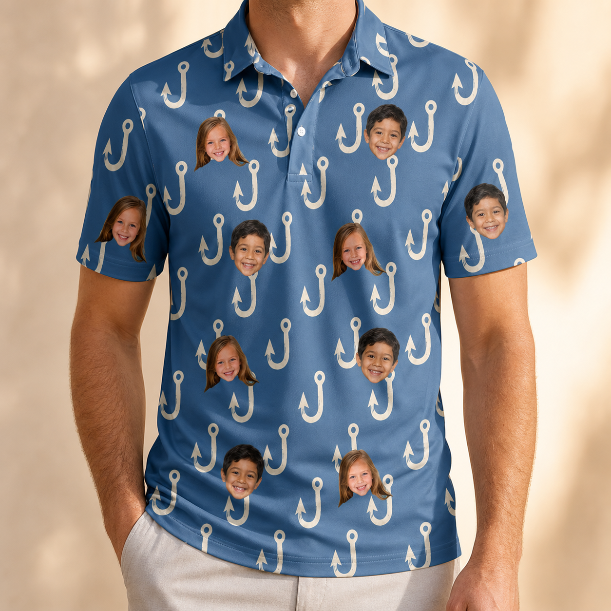 Model wearing Men's Treble Trouble Custom Face Polo Shirt printed with kids' faces