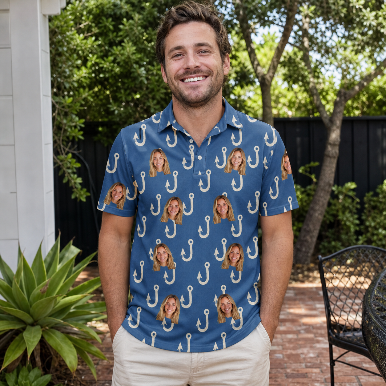 Real-life photo of someone wearing Men's Treble Trouble Custom Face Polo Shirt — custom faces printed all-over