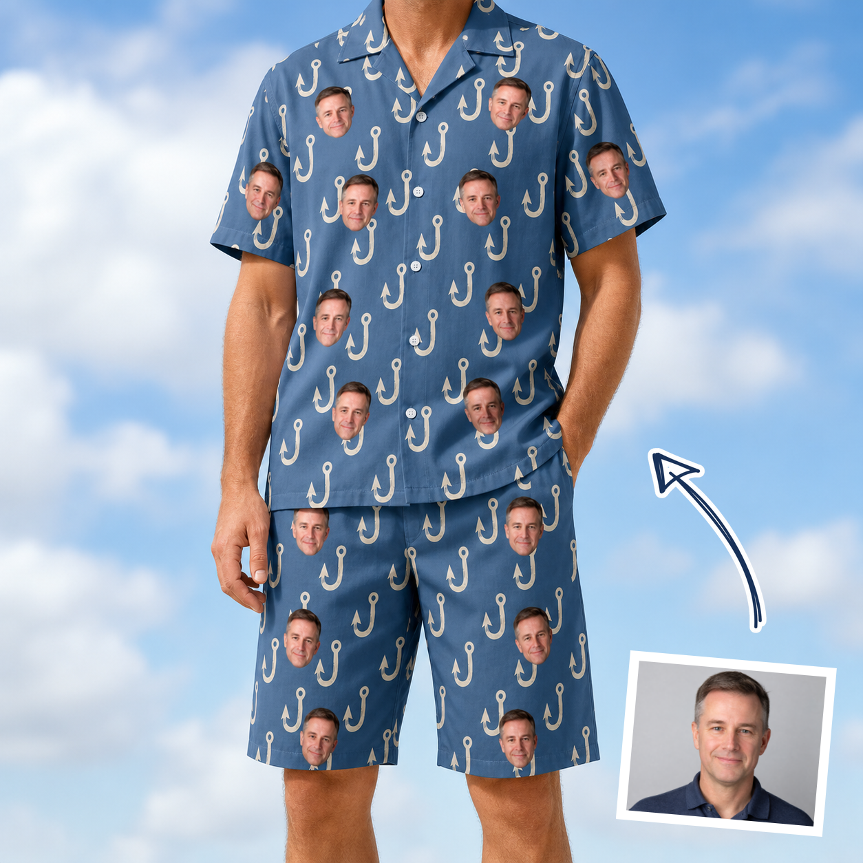 Man wearing Men's Treble Trouble Custom Face Shirt & Shorts Set — custom faces printed all-over