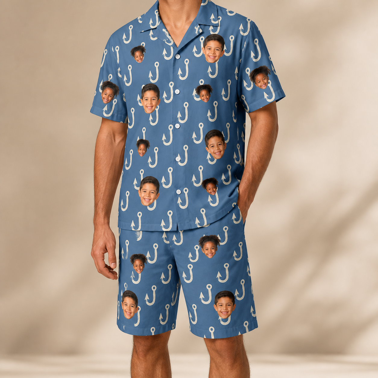 Model wearing Men's Treble Trouble Custom Face Shirt & Shorts Set printed with kids' faces