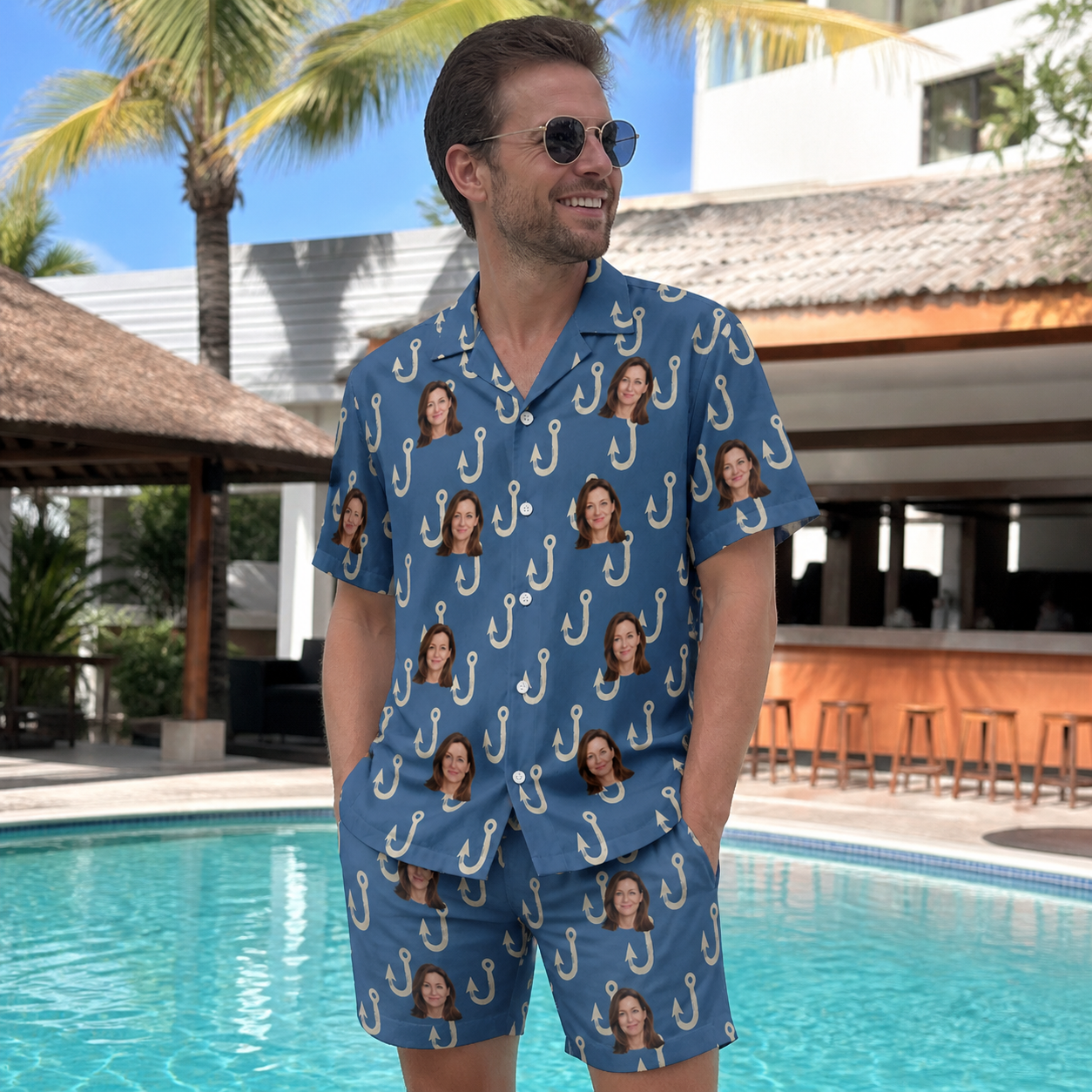 Real-life photo of someone wearing Men's Treble Trouble Custom Face Shirt & Shorts Set — custom faces printed all-over