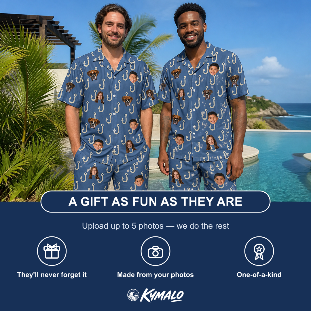 Friends in matching Men's Treble Trouble Custom Face Shirt & Shorts Set — a group gift photo