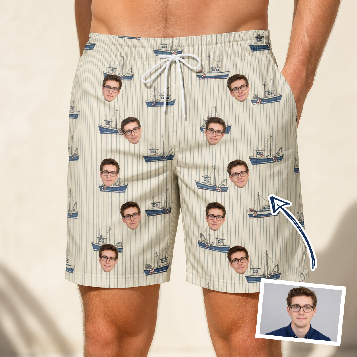 Man wearing Men's Dinghy Dash Custom Face Beach Shorts — custom faces printed all-over