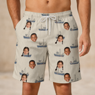 Model wearing Men's Dinghy Dash Custom Face Beach Shorts printed with kids' faces
