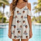 Model wearing Women's Dinghy Dash Custom Face Off-Shoulder Dress printed with kids' faces