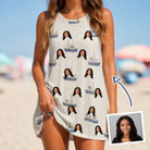 Woman wearing Women's Dinghy Dash Custom Face Tank Dress — custom faces printed all-over