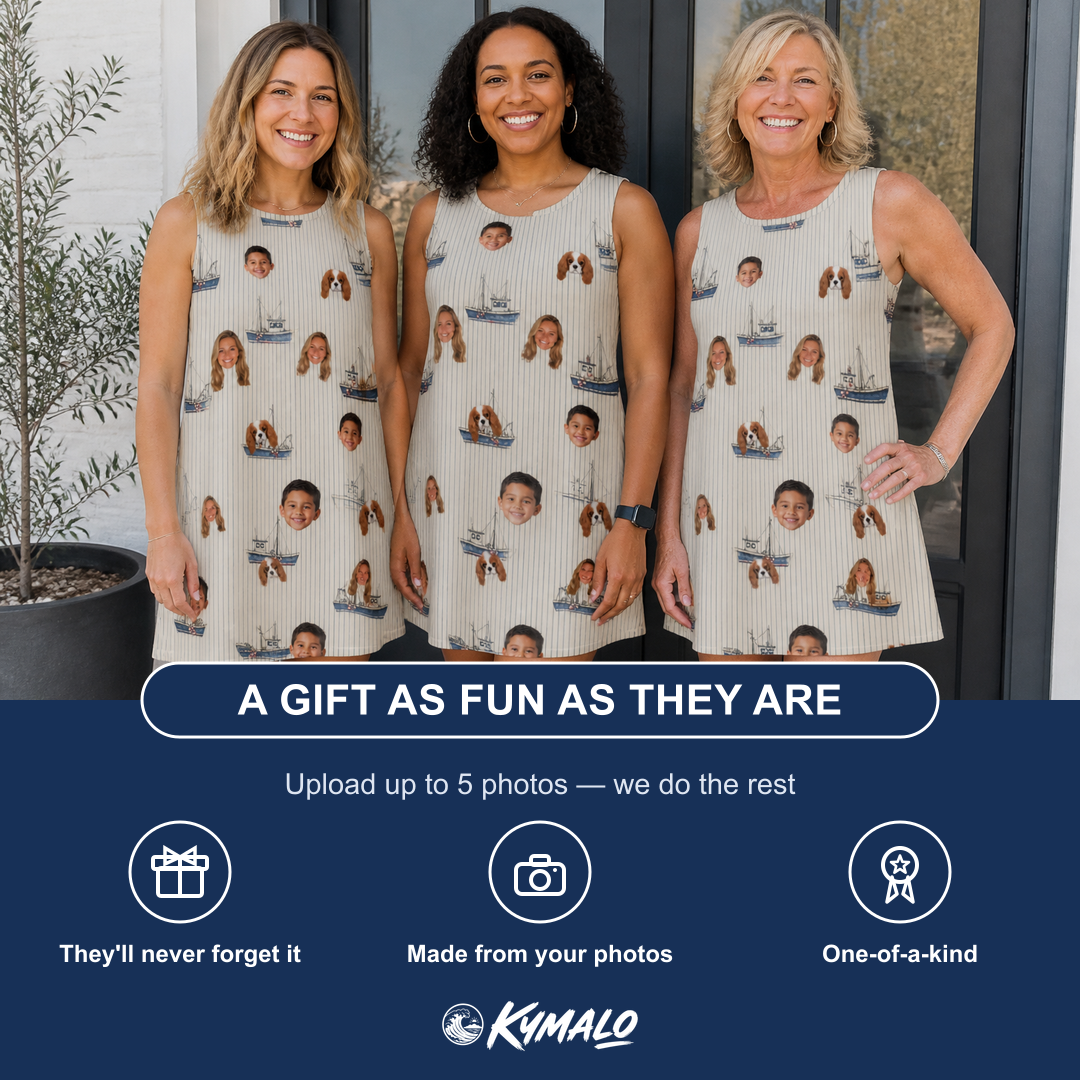 Friends in matching Women's Dinghy Dash Custom Face Tank Dress — a group gift photo