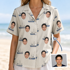 Woman wearing Women's Dinghy Dash Custom Face Hawaiian Shirt — custom faces printed all-over