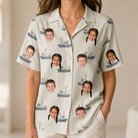 Model wearing Women's Dinghy Dash Custom Face Hawaiian Shirt printed with kids' faces