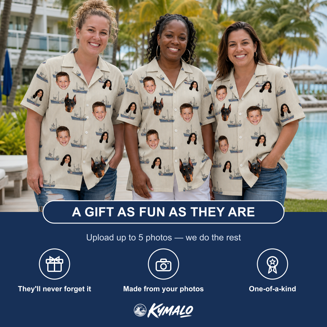 Friends in matching Women's Dinghy Dash Custom Face Hawaiian Shirt — a group gift photo