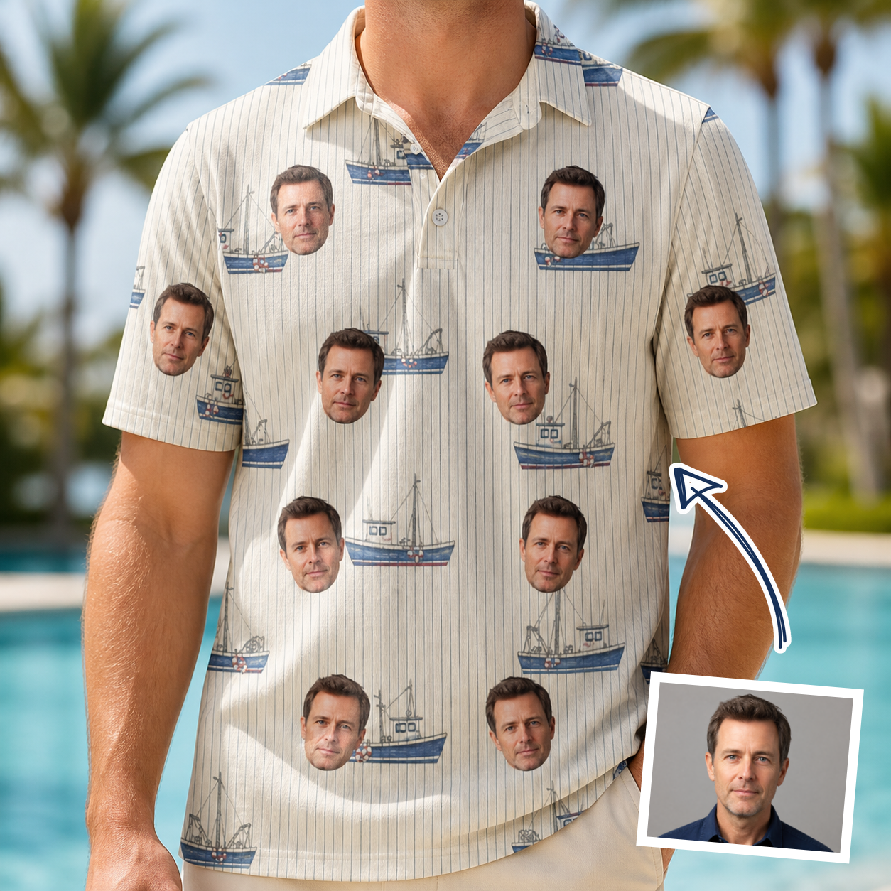 Man wearing Men's Dinghy Dash Custom Face Polo Shirt — custom faces printed all-over
