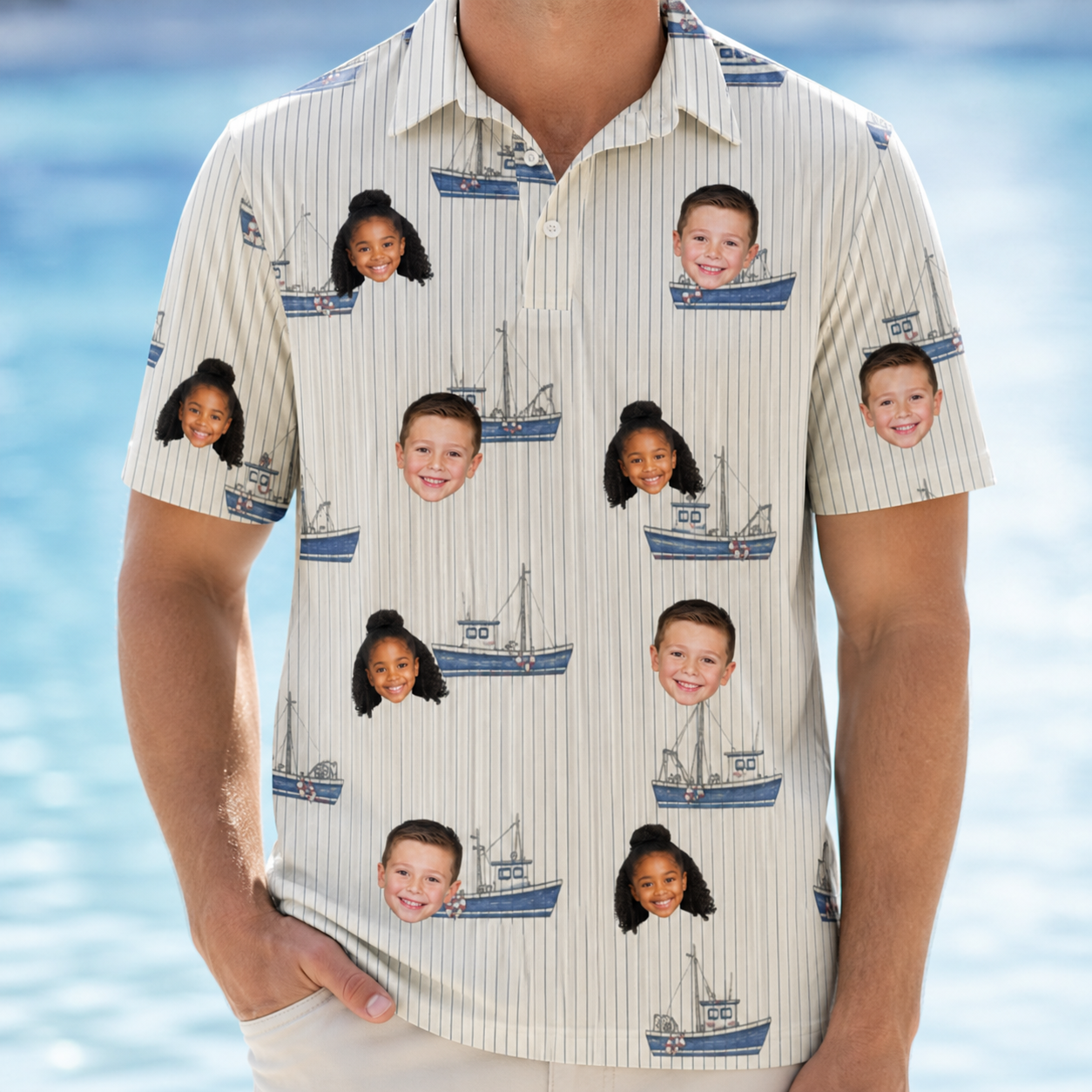 Model wearing Men's Dinghy Dash Custom Face Polo Shirt printed with kids' faces
