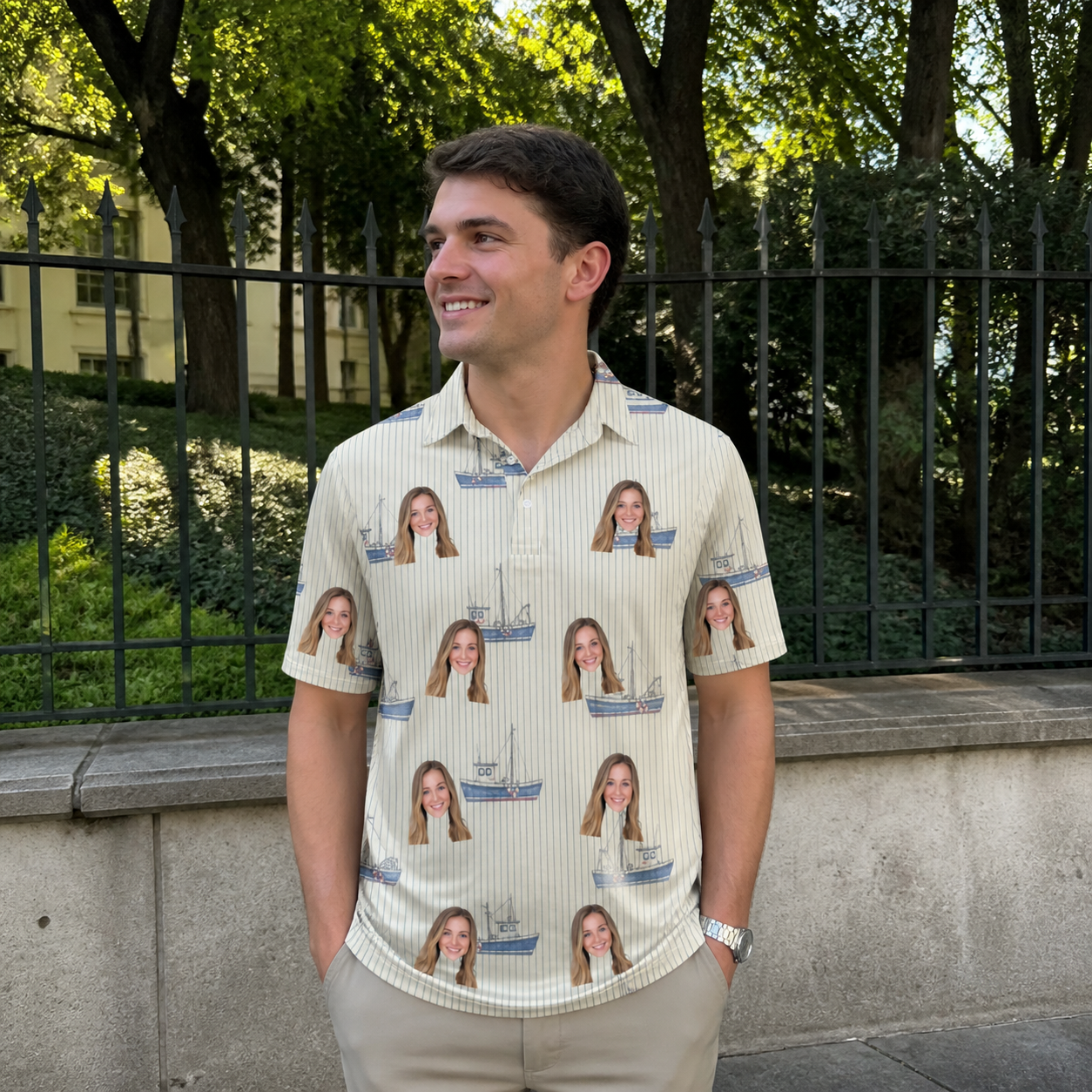 Real-life photo of someone wearing Men's Dinghy Dash Custom Face Polo Shirt — custom faces printed all-over