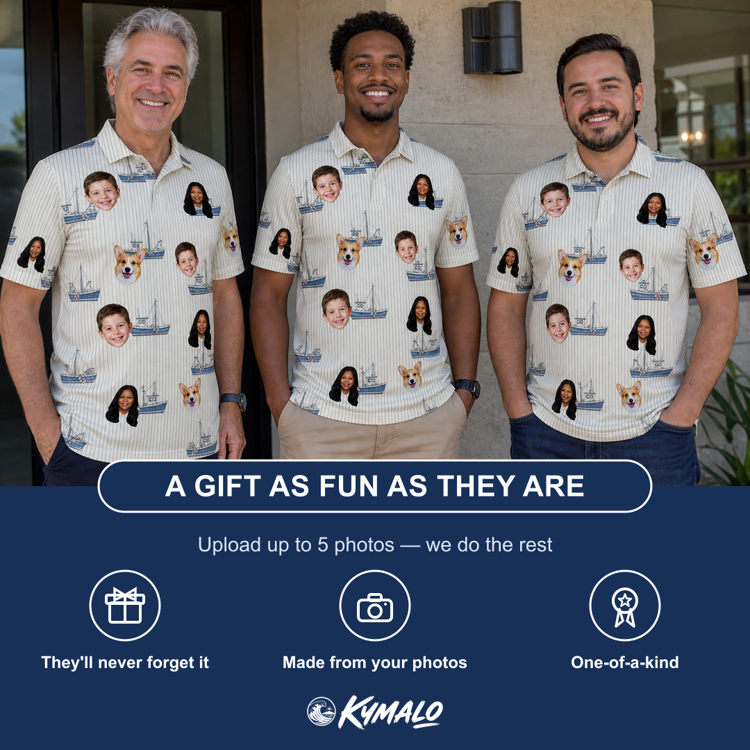 Friends in matching Men's Dinghy Dash Custom Face Polo Shirt — a group gift photo