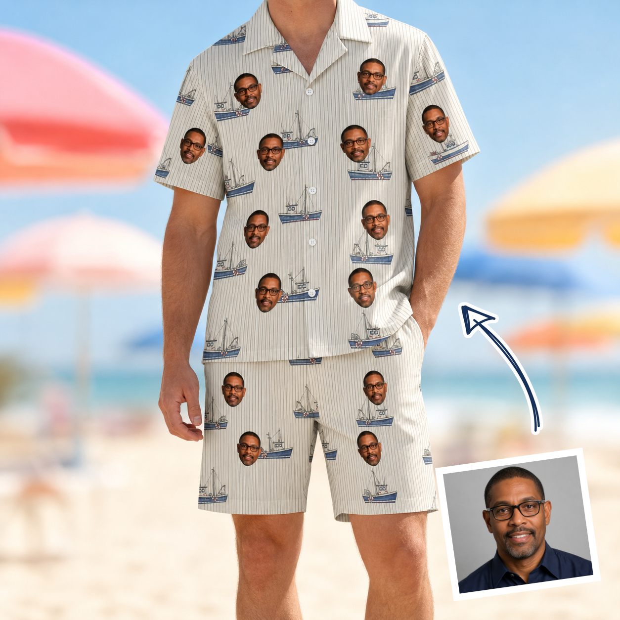 Man wearing Men's Dinghy Dash Custom Face Shirt & Shorts Set — custom faces printed all-over