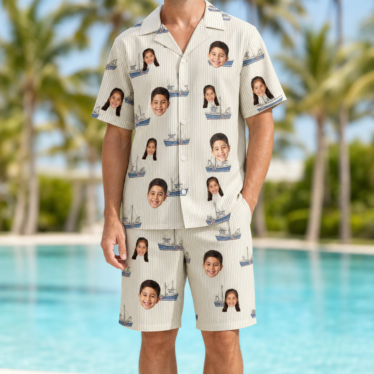 Model wearing Men's Dinghy Dash Custom Face Shirt & Shorts Set printed with kids' faces