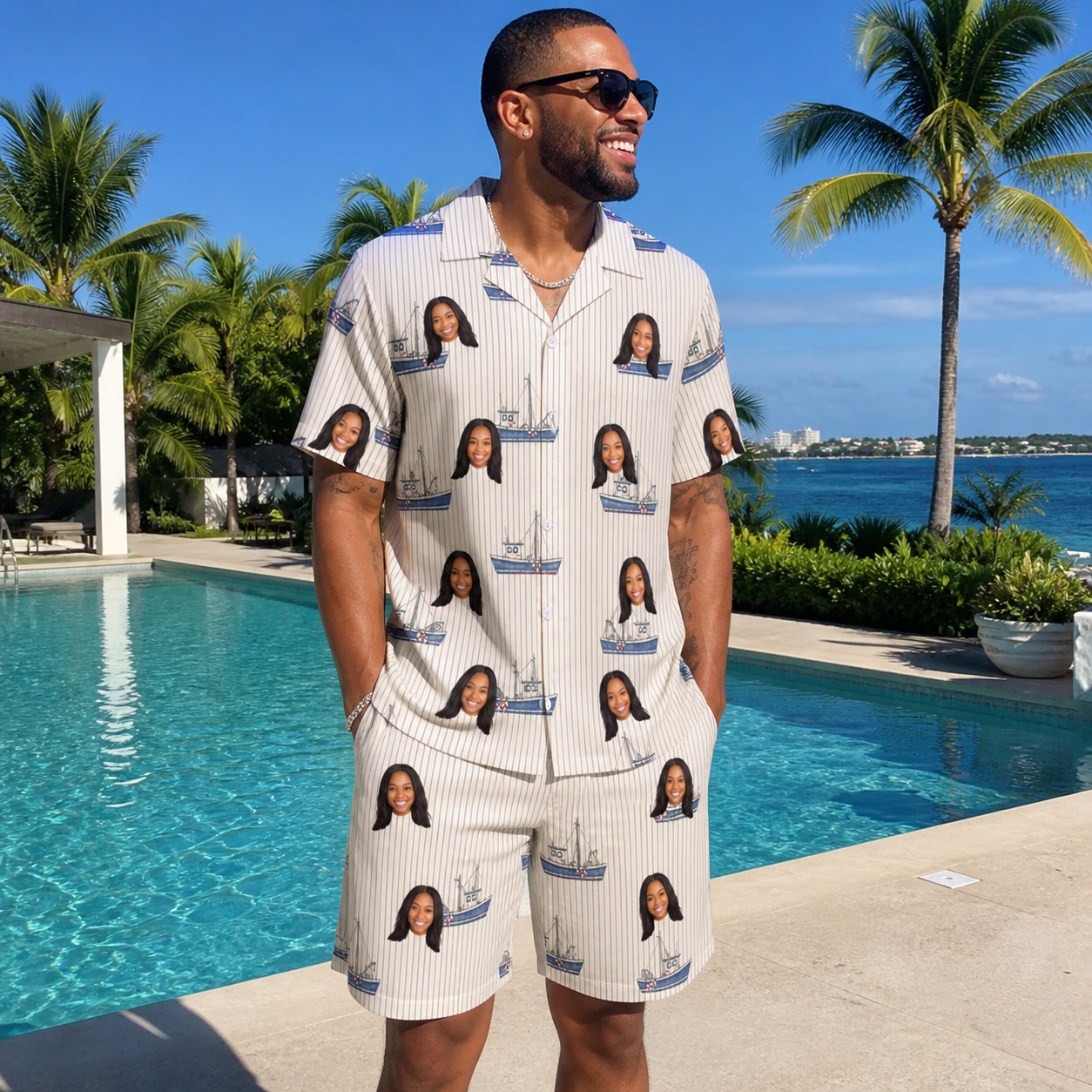 Real-life photo of someone wearing Men's Dinghy Dash Custom Face Shirt & Shorts Set — custom faces printed all-over
