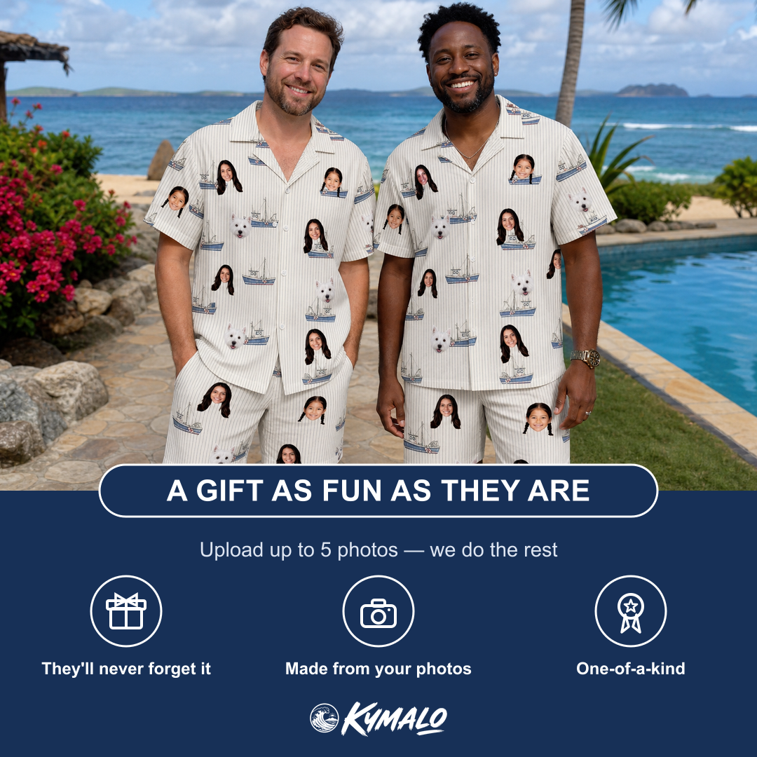 Friends in matching Men's Dinghy Dash Custom Face Shirt & Shorts Set — a group gift photo