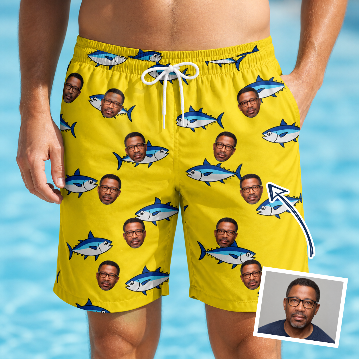 Man wearing Men's Bluefin Banter Custom Face Beach Shorts — custom faces printed all-over
