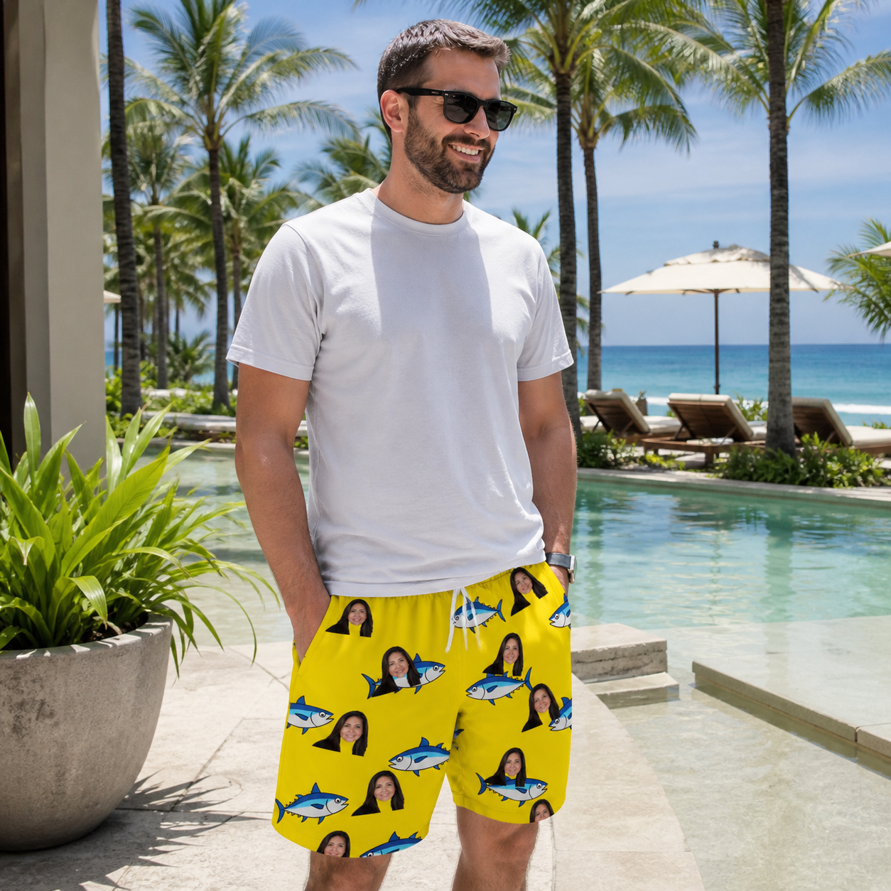 Real-life photo of someone wearing Men's Bluefin Banter Custom Face Beach Shorts — custom faces printed all-over