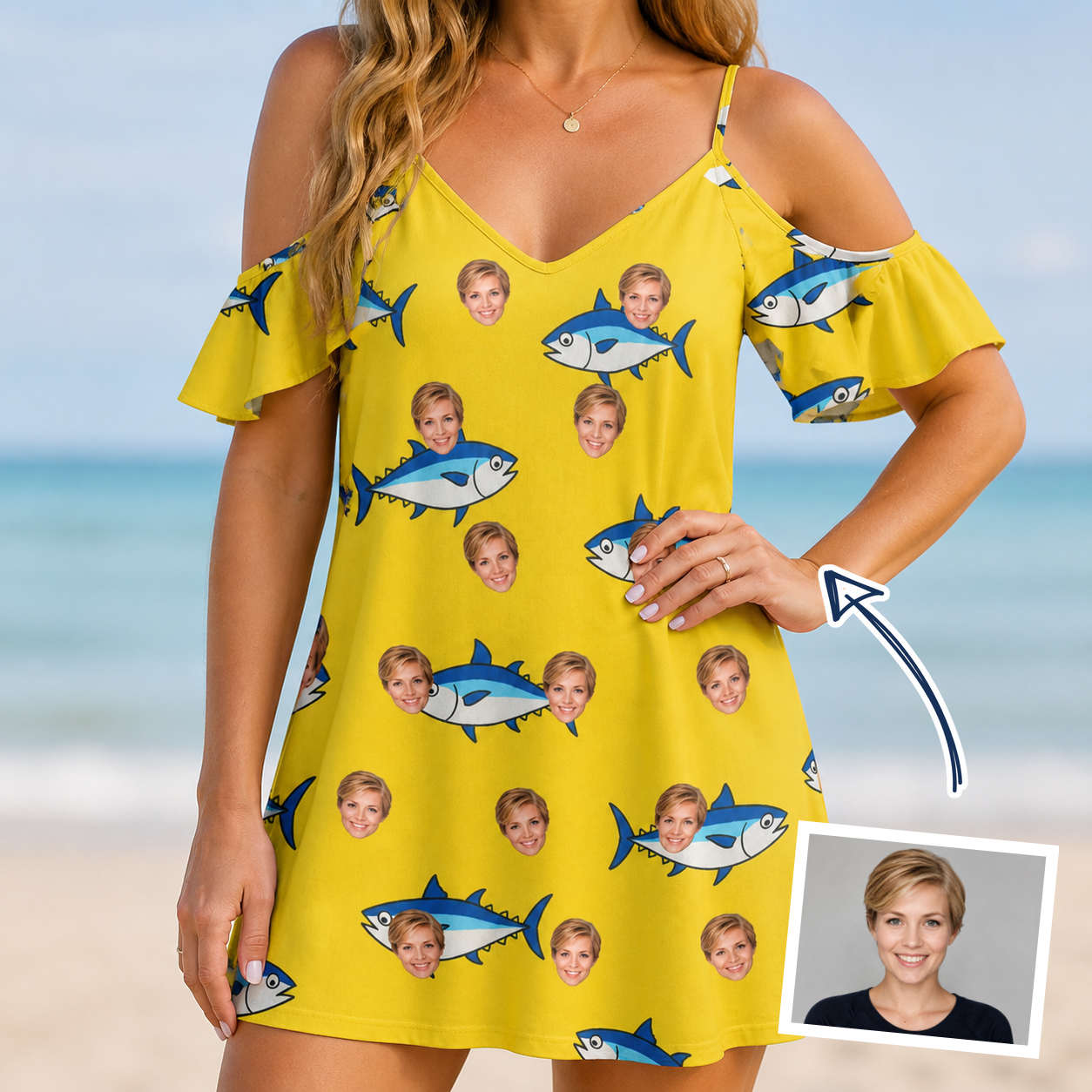 Woman wearing Women's Bluefin Banter Custom Face Off-Shoulder Dress — custom faces printed all-over