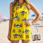 Woman wearing Women's Bluefin Banter Custom Face V-Neck Dress — custom faces printed all-over