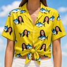 Woman wearing Women's Bluefin Banter Custom Face Hawaiian Shirt tied at the waist