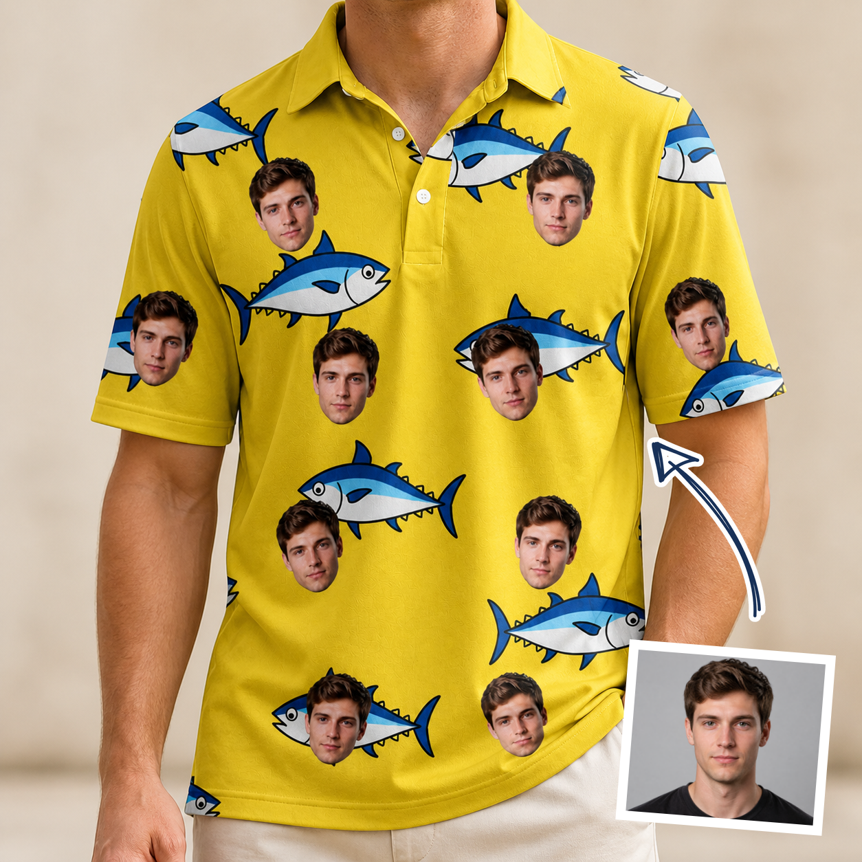 Man wearing Men's Bluefin Banter Custom Face Polo Shirt — custom faces printed all-over